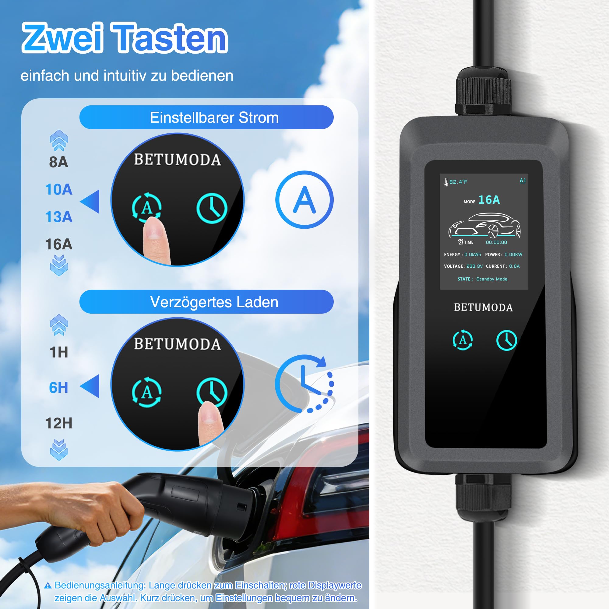 Typ 2 Schuko EV Charger 3,68kW | 8–16A Einstellbar, 6.8m | Tragbares Ladekabel Elektroauto, Mobile Wallbox mit LCD Display, Wasserdicht IP65, Für PHEV & EV IEC 62196-2
