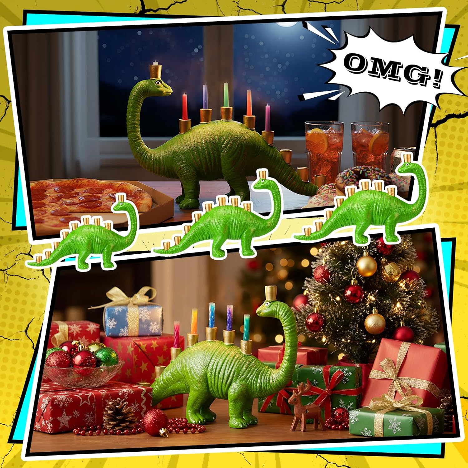 Tioncy Dinosaur Menorah 3D Hand Painted Resin Hanukkah Menorah with Brass Cups Funny Jewish Gifts Decorative Dino Chanukah Candle Holder for Home Decoration(Green)