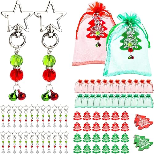 QPRETTY DU Bolsas de regalo de Navidad de organza con cordón (4 x 6 pulgadas), llaveros de regalo de Navidad con etiquetas, kit de bolsas de malla