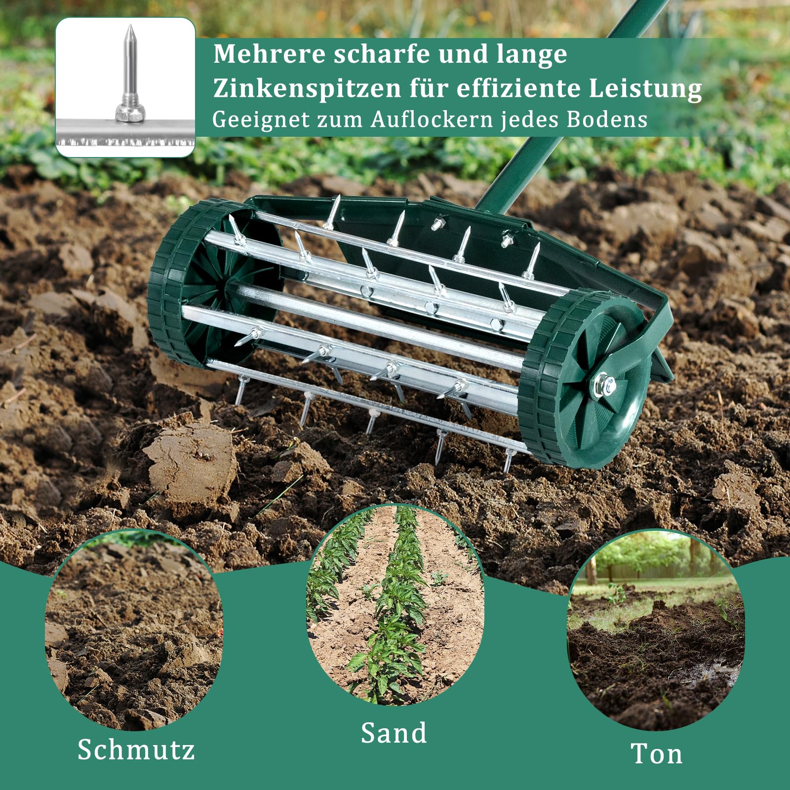 COSTWAY Rasenlüfter Walze, Rasenrolle mit Stiel & 3cm Nägeln & Spritzschutz, Handvertikutierer rollend, Rasenbelüfter manuell, Vertikutierer Rasenwalze für Garten Rasen Hof, 46 x 23 x 127 cm, Grün