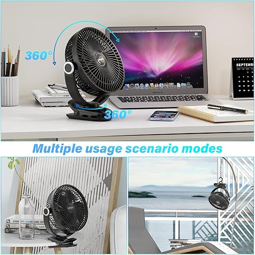 Miniatura 4 de Ventilador de clip de 12000 mAh de 30 horas de duración más largo, ventilador portátil de 8 pulgadas recargable, ultra silencioso con abrazadera
