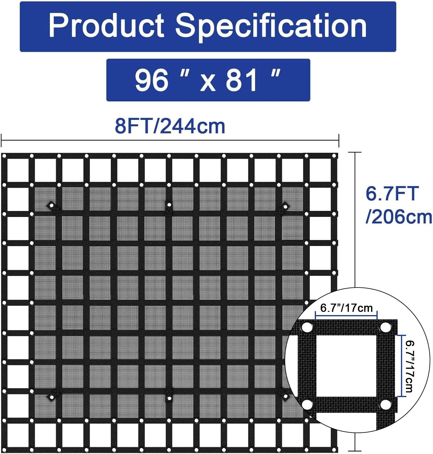 96” x 81“ Heavy Duty Cargo Net with Mesh, Truck Bed Net with J Hooks Accessories, 1500lbs Load Bearing Capacity, Truck Bed Cargo Net Organizer for Pickup Trucks (8' x 6.7') - Image 2