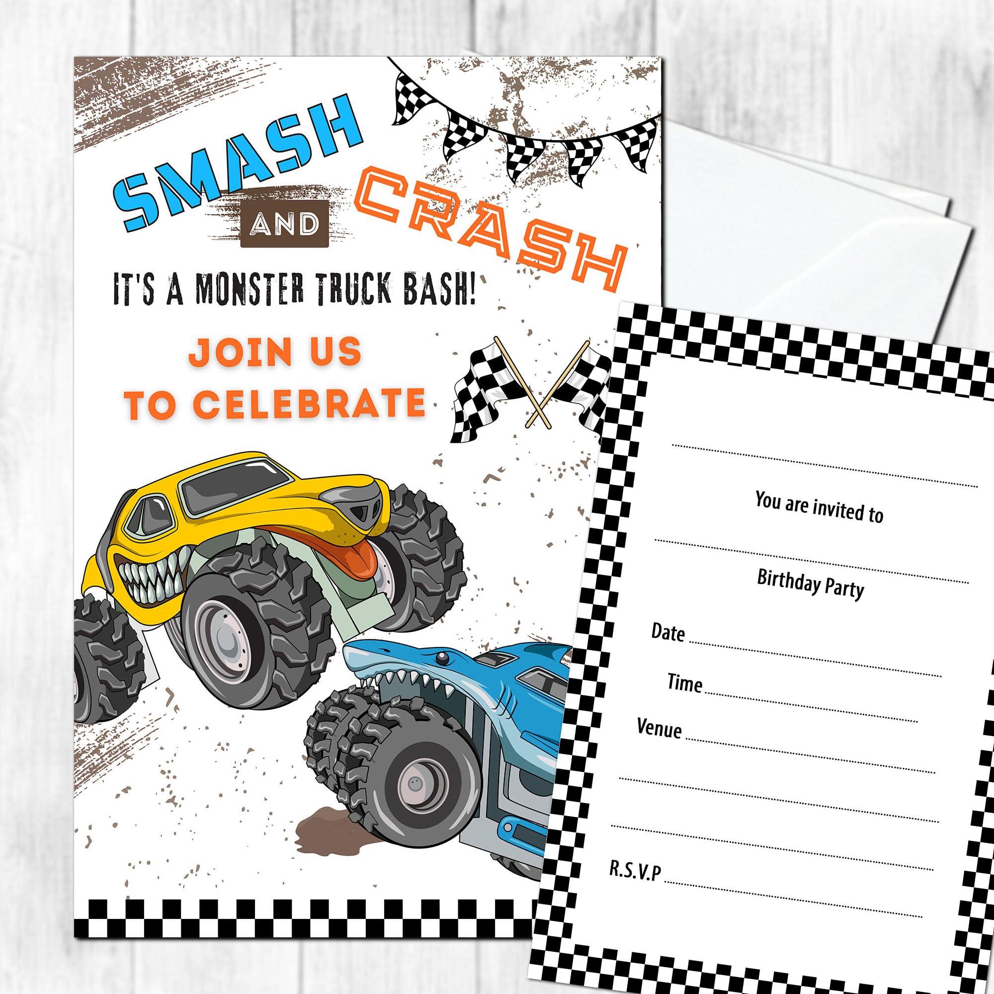 Monster Truck Party Invites Birthday Invitations & Envelopes (WRITE ON) New (40 with envelopes)