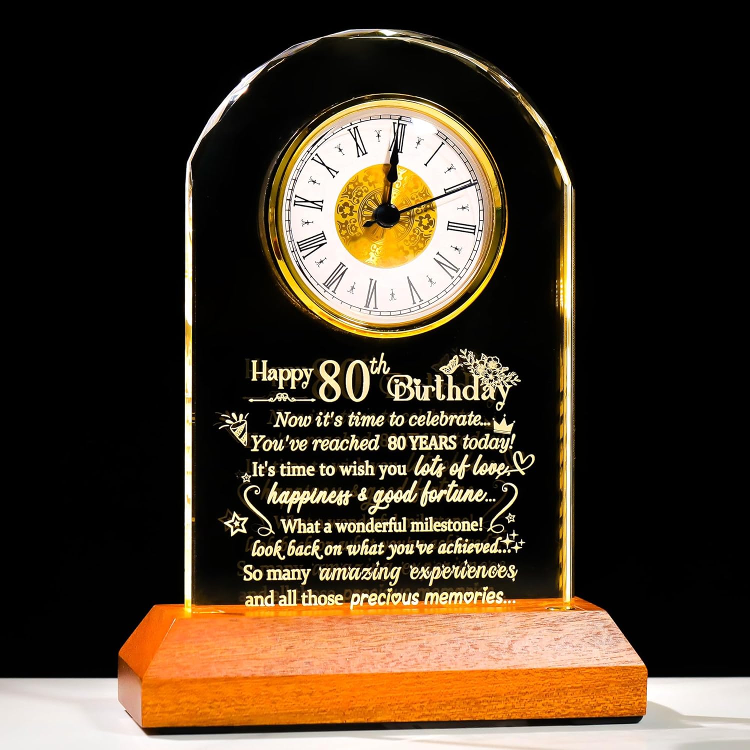 Happy 80th Birthday Clock Gifts for Women Men - 80 Year Old Gift for Parents Grandparents - Turning 80 Quartz Clock with Wooden Light Base Home Office Decor (9'' Gift Boxed)