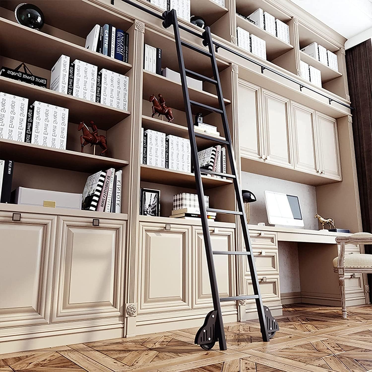 3.3ft-20ft Rolling Library Ladder Hardware Kit, Sliding Barn Door Hardware Track Accessories, Black Round Tube Carbon Steel with Floor Rollers (Size : 13ft/400cm Track kit)