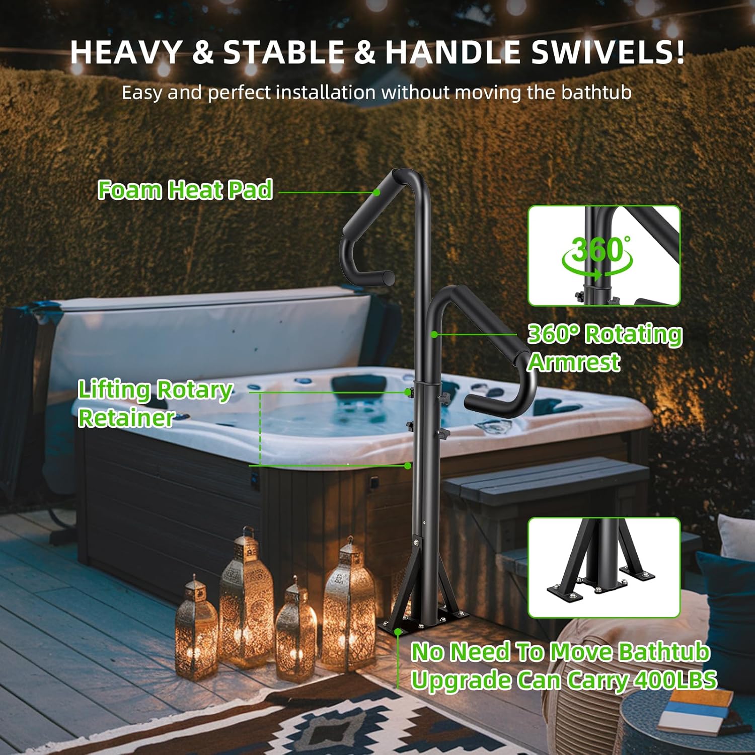 Two Way-Hot Tub Handrails, 43"-53" Adjustable Height SPA Handrail w/360 Swivel Option, Hot Tub Railing to Get in and Out, 400LBS SPA Side Handrail for Indoor&Outdoor（No Base）