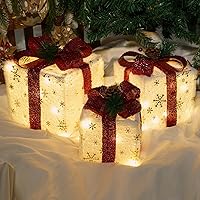 Vista 10 de Juego de 3 cajas de regalo iluminadas de Navidad, cajas de regalo de Navidad a pilas, LED blanco cálido con lazos para árbol de Navidad