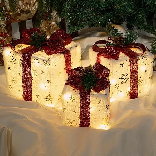 Miniatura 10 de Juego de 3 cajas de regalo iluminadas de Navidad, cajas de regalo de Navidad a pilas, LED blanco cálido con lazos para árbol de Navidad de interior,