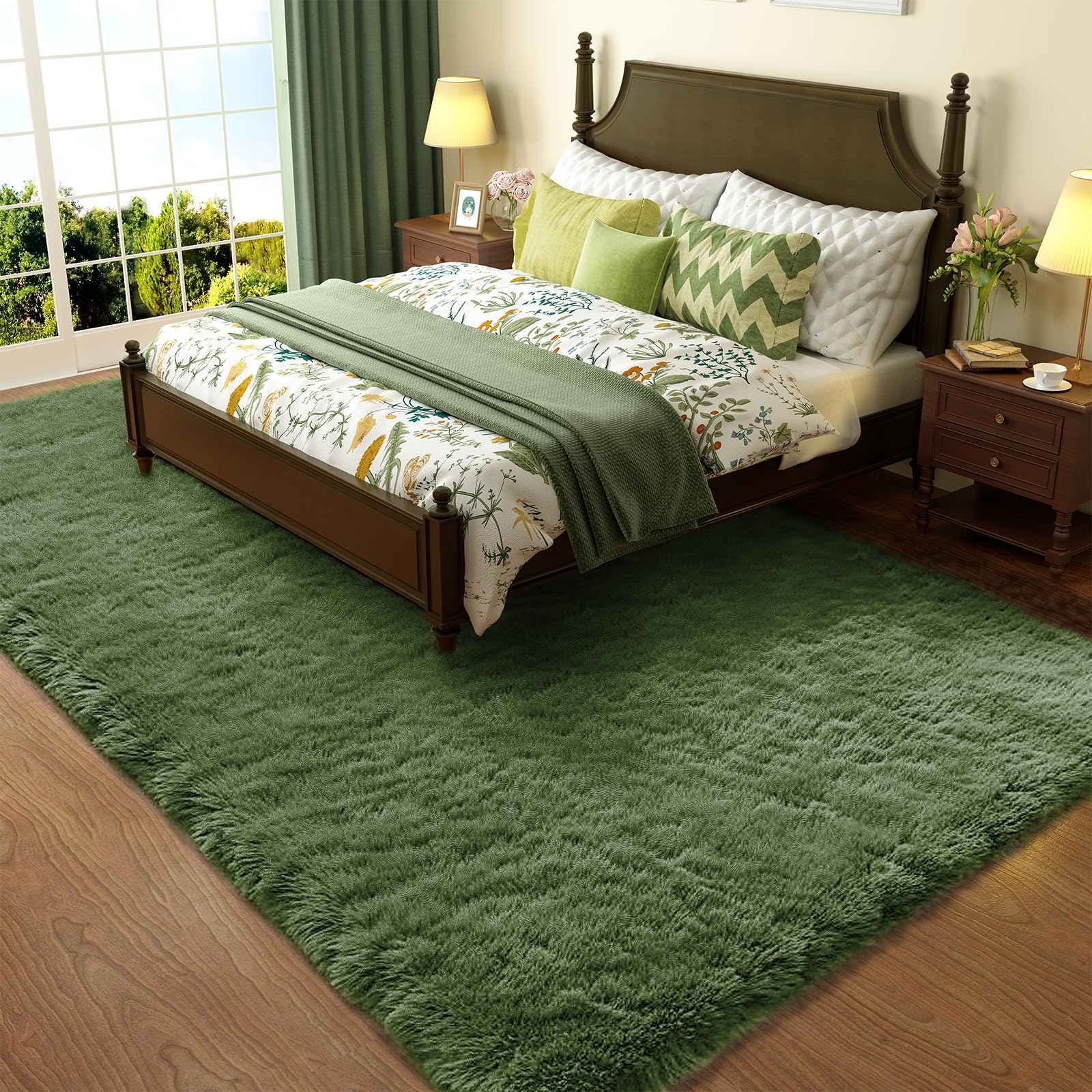 Ophanie Gray Green Rug Grass Area Rugs for Bedroom,4x6 Shag Fluffy Carpet,Fuzzy Furry Plush Soft Cute Kids Baby Girls Shaggy Bedside Floor Carpets for Teen Dorm Decor with Over 99 pcs Pile fibers