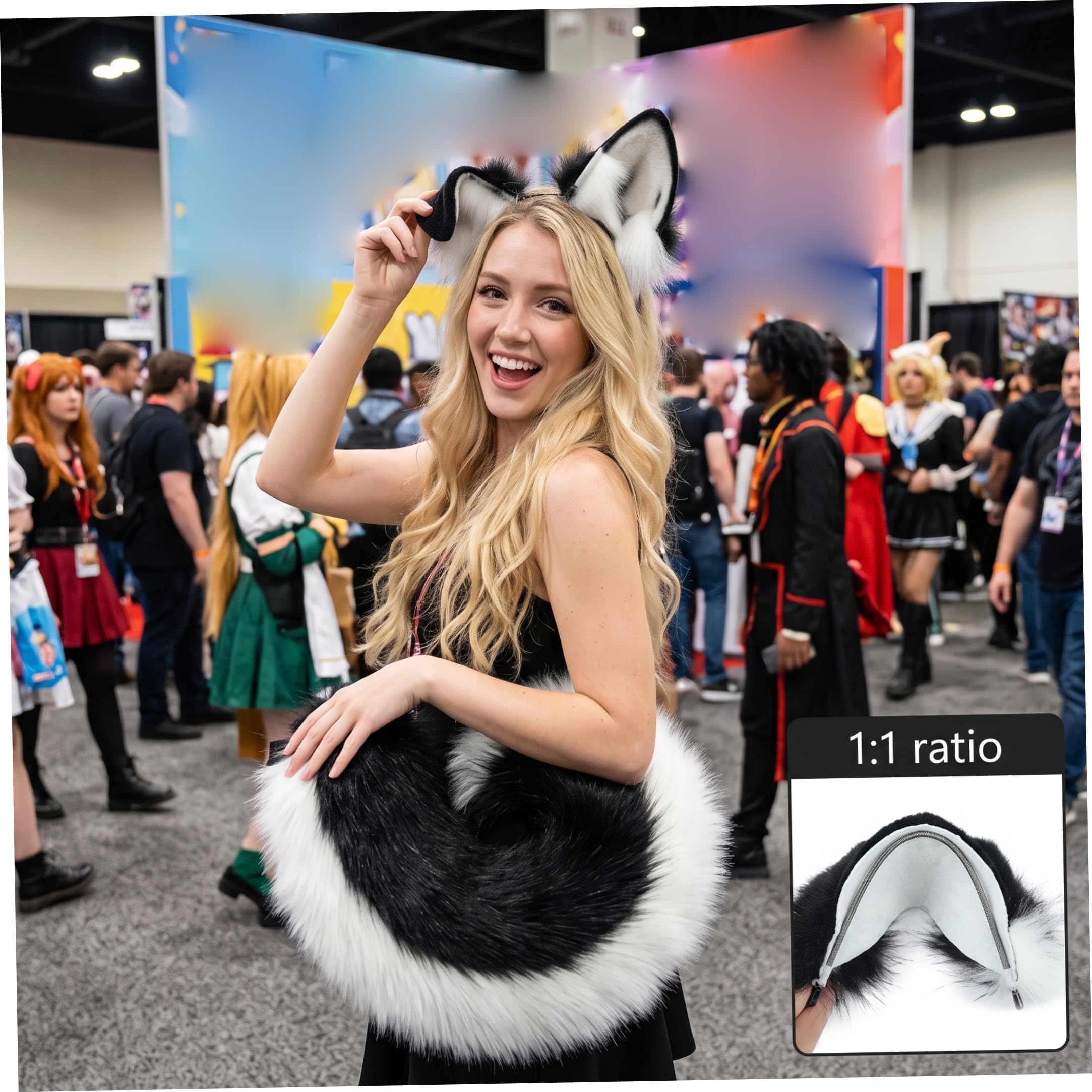 ,Black And White,Coda di soffice Pelliccia di Volpe Sintetica per Donna - Accessorio per Costume Coda di Volpe Gatto Lupo con Cintura Regolabile, Ideale per Feste di Halloween e Costumi in Maschera