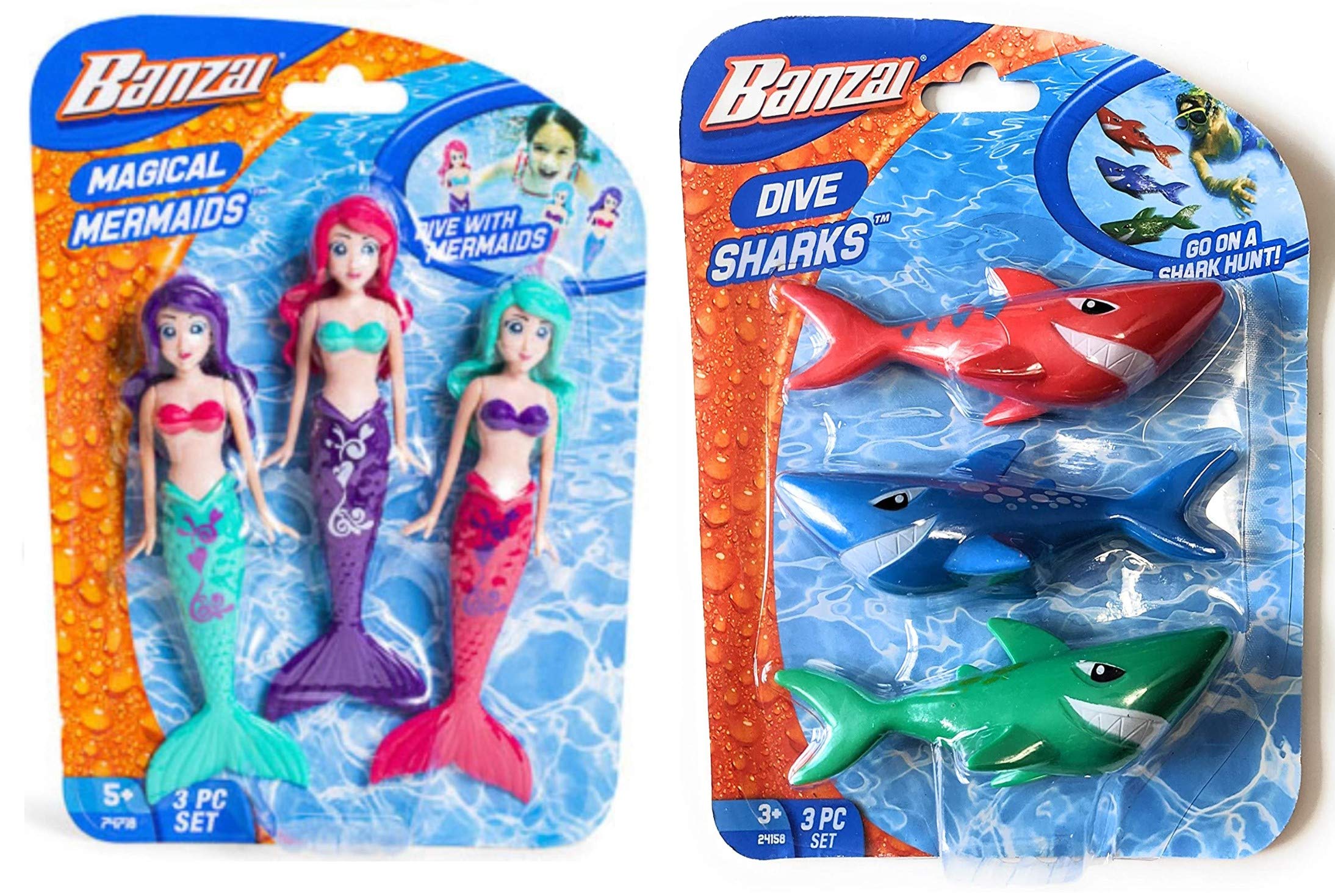 Banzai 3 Piece Magical Mermaid Dolls and 3 Piece Dive Sharks Pool Toys Bundle Set of Pool Toys