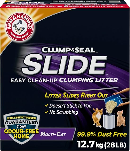 Arm & Hammer Slide Clumping Cat Litter, Multi-Cat Clay, Effortless Clean, 7-Day Odour Control, Dust-Free, Low-Tracking, Rock-Hard Clumps, Baking Soda Power, 12.7 kg