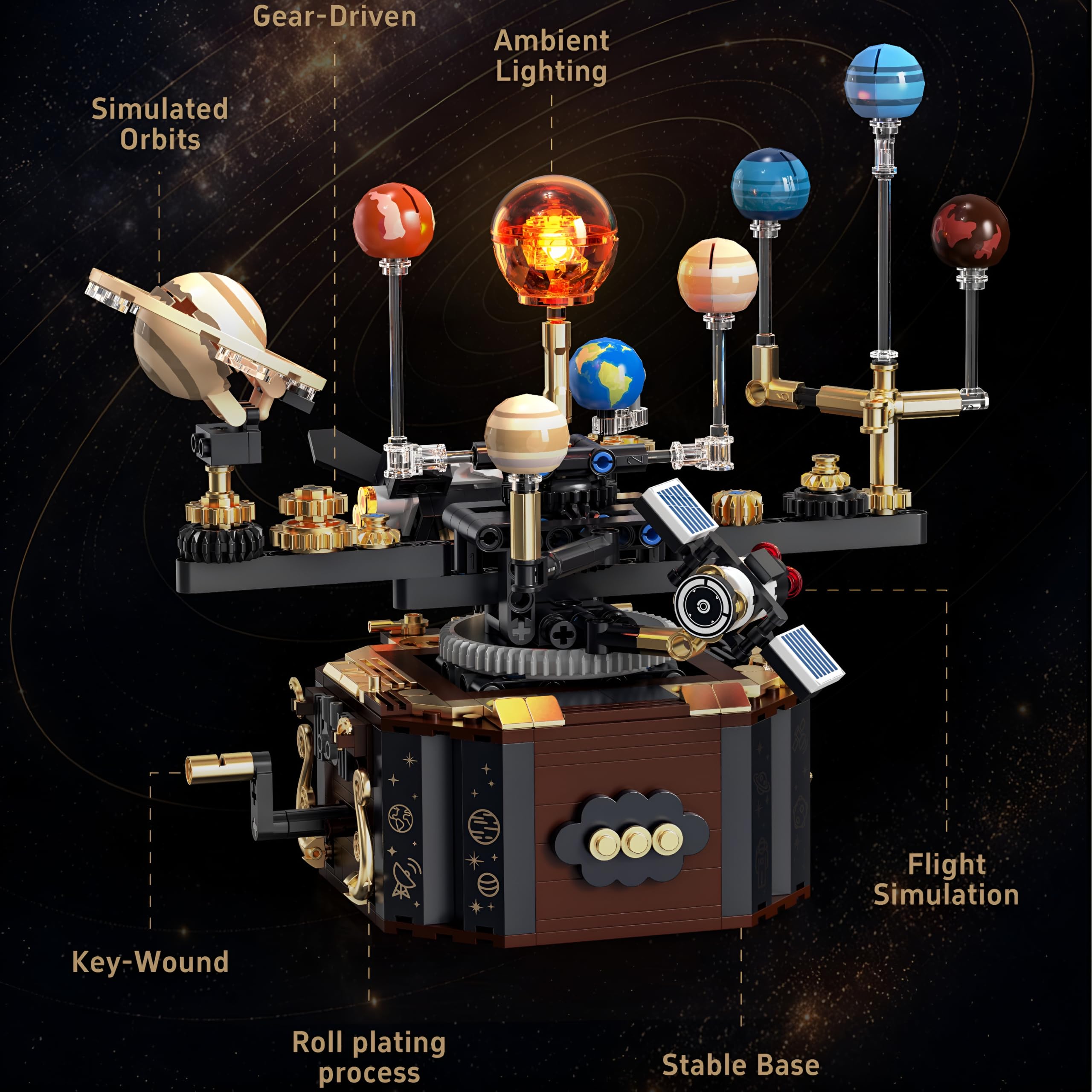 Sonnensystem-Bausteinset, mechanisches Planetarium-Bausatz, 556 Teile | Technik-Klemmbausteinset mit Erde und Mond, drehbares astronomisches Bauspielzeug, Wohn Dekoration, Geschenk für Männer