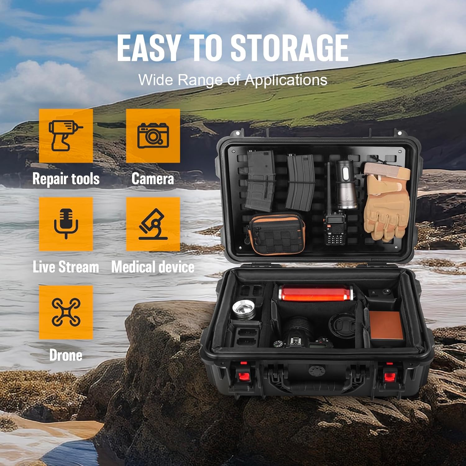 Waterproof Hard Case with Padded Dividers and Detachable Tactical Molle Panel Customizable Foam for Cameras, Lenses, Dual DJI Mavic/Air/Mini Drones and Outdoor Adventure Products - Image 7