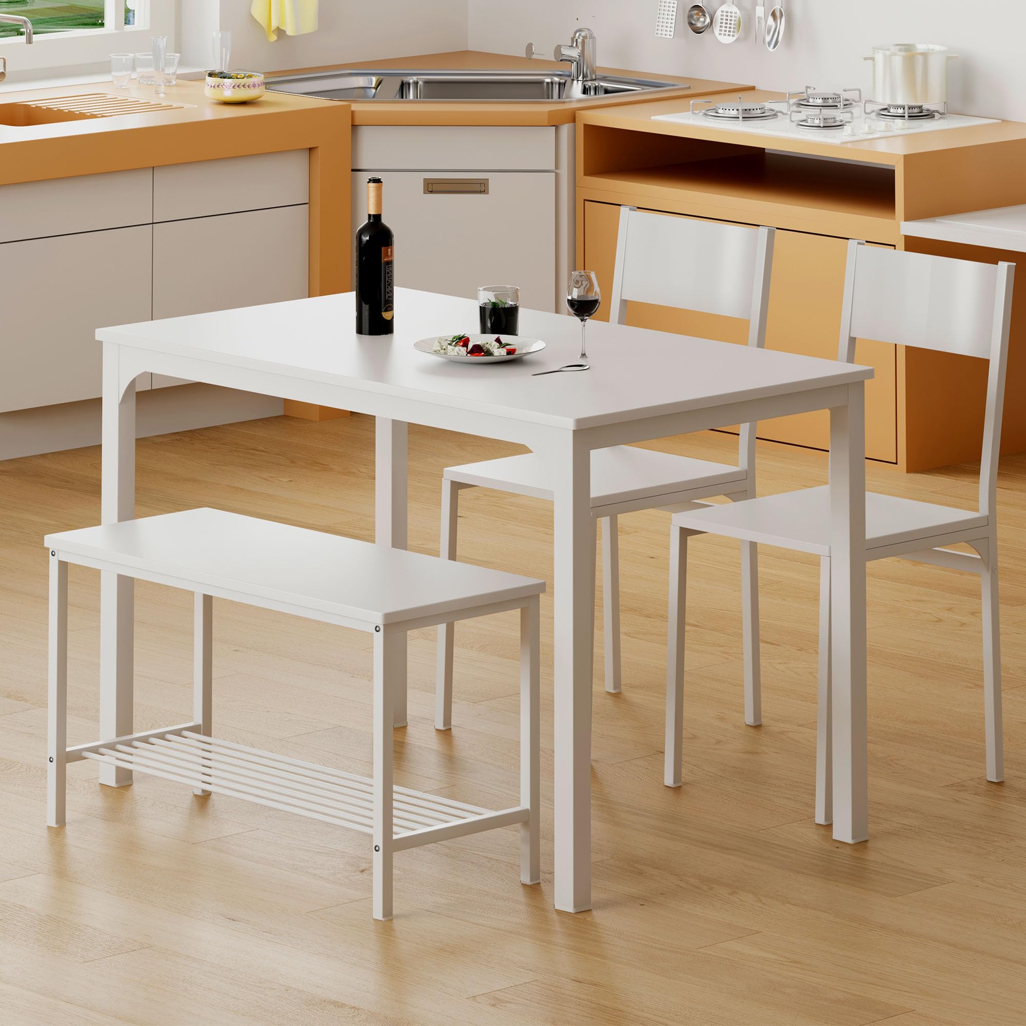 SogesPower Set Tavolo e Sedie da Pranzo, 4 Pezzi, con 1 Tavolo da Pranzo, 2 Sedie e 1 Panca, Set da Pranzo per 4 persone per Cucina, Sala da Pranzo, Bianco