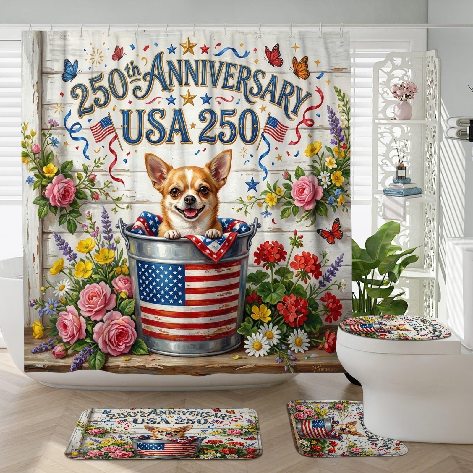 Rideau de douche imprimé chihuahua 183 cm avec ensemble de tapis de toilette en bois