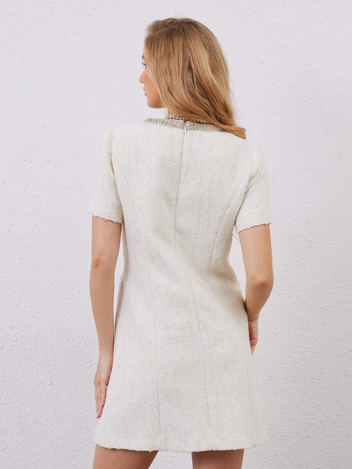 M.Infisavo Women’s Tweed Jacket Dress with Pockets Short Sleeve A Line Mini Elegant Bodycon Vintage Casual Crew Neck Dresses - Image 4