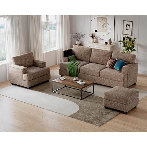 85'' L Shaped Couch with Armrest Organizer,Comfy 3 Seats Sofa with Thick Cushion,Chenille Sectional Couches for Living Room,Bedroom,Apartment,Sofa Set with Oversized Chair,Home Furniture,Brown