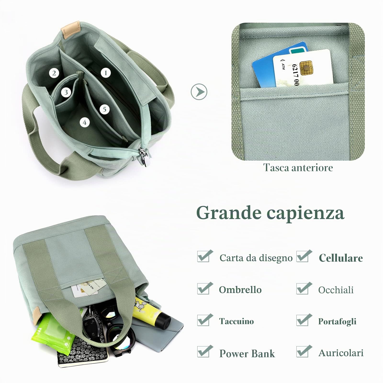 CORIOS Borse a Mano da Donna Borsa Tela Casuale Borse da Spiaggia Multifunzione Tote Sacchetto per Viaggio Scuola Lavoro Quotidiano Vita Yoga Spiaggia Verde