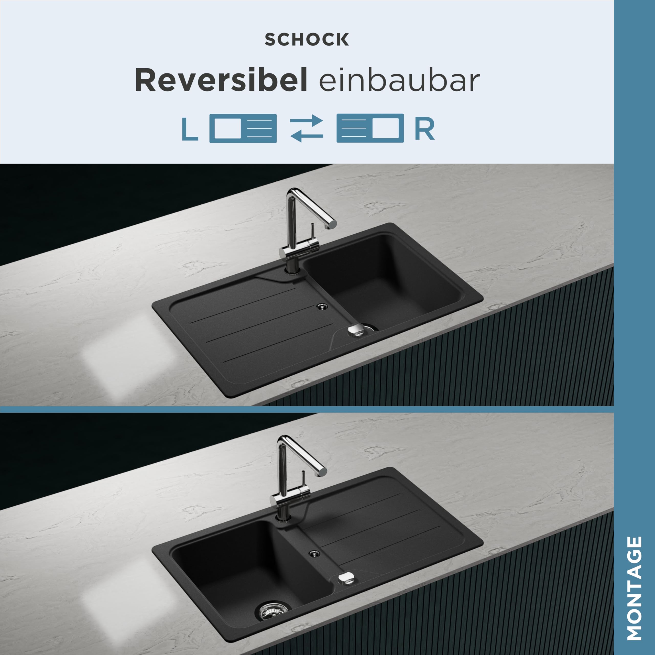 SCHOCK Küchenspüle Formhaus D-100 Onyx 86x50 cm | Granitspüle aus CRISTALITE Schwarz mit Abtropffläche | Spüle für 45 cm Unterschrank | Reversible Einbauspüle | Robuste Quarzkomposit-Oberfläche
