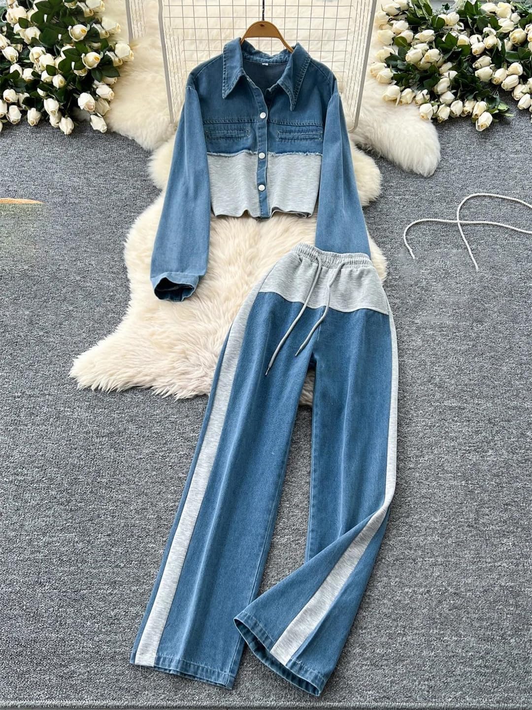 Women's High-Waisted Splicing Denim Wide-Leg Straight Pants And Fashion Lape Short Jacket 2 Piece Sets Outfits
