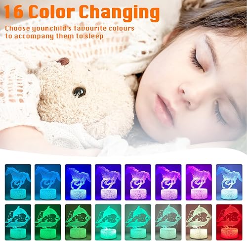 Miniatura 2 de ZQX Luz nocturna para niños, 2 lámparas de ilusión óptica 3D con patrones de caballos y delfines, lámpara recargable USB con 16 colores cambiantes,