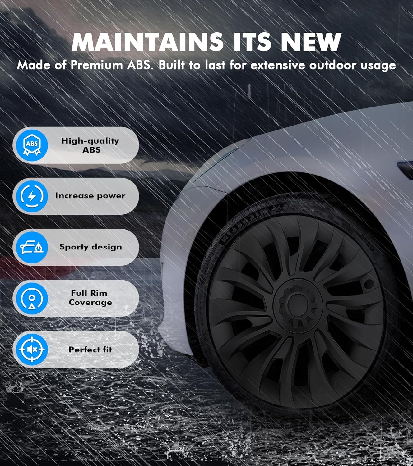 PM Auto Set 4 Wheel Covers Refresh Edition Hubcaps for 2023-2025 Tesla 3 18 inch Wheel