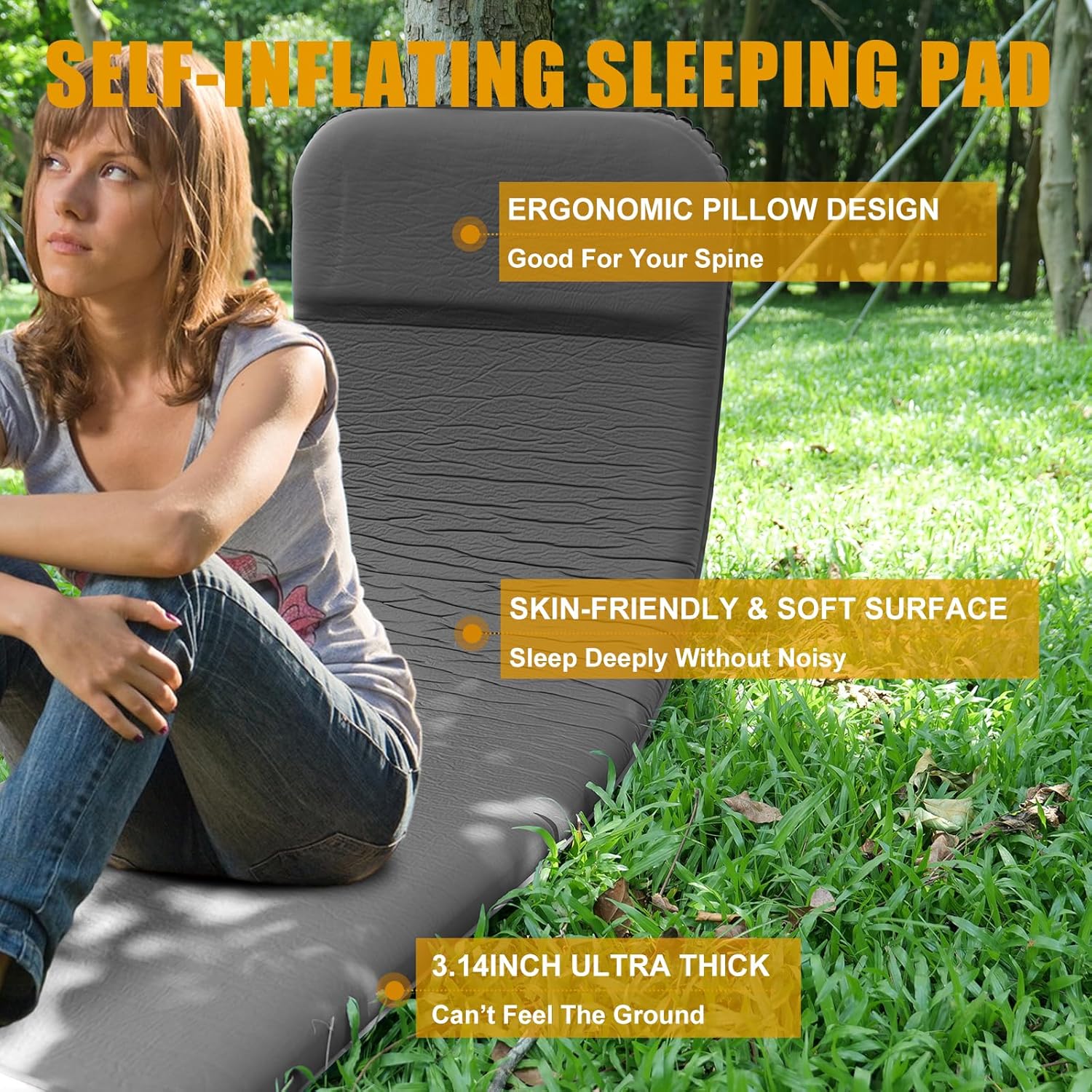 Self Inflating Sleeping Pad with Electric Pump, 3.14" Ultra-Thick Memory Foam Camping Mattress Pad with Pillow Fast Inflating in 30s,9.5 R-Value Insulated Camping Pad for Camping Car Travel, LightGrey - Image 4