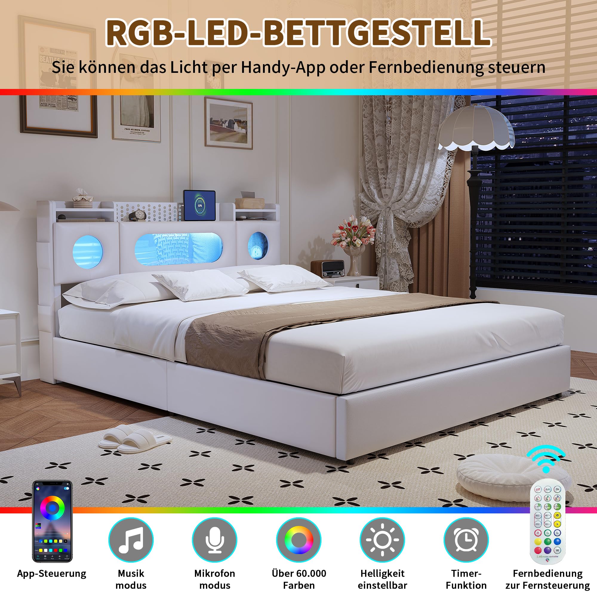 KeepGoon Cama de Matrimonio de 140 x 200 cm, de Poliuretano, con cabecero abatible, Tira de luz LED e interfaces USB y Type-C con somier de láminas y función de Almacenamiento