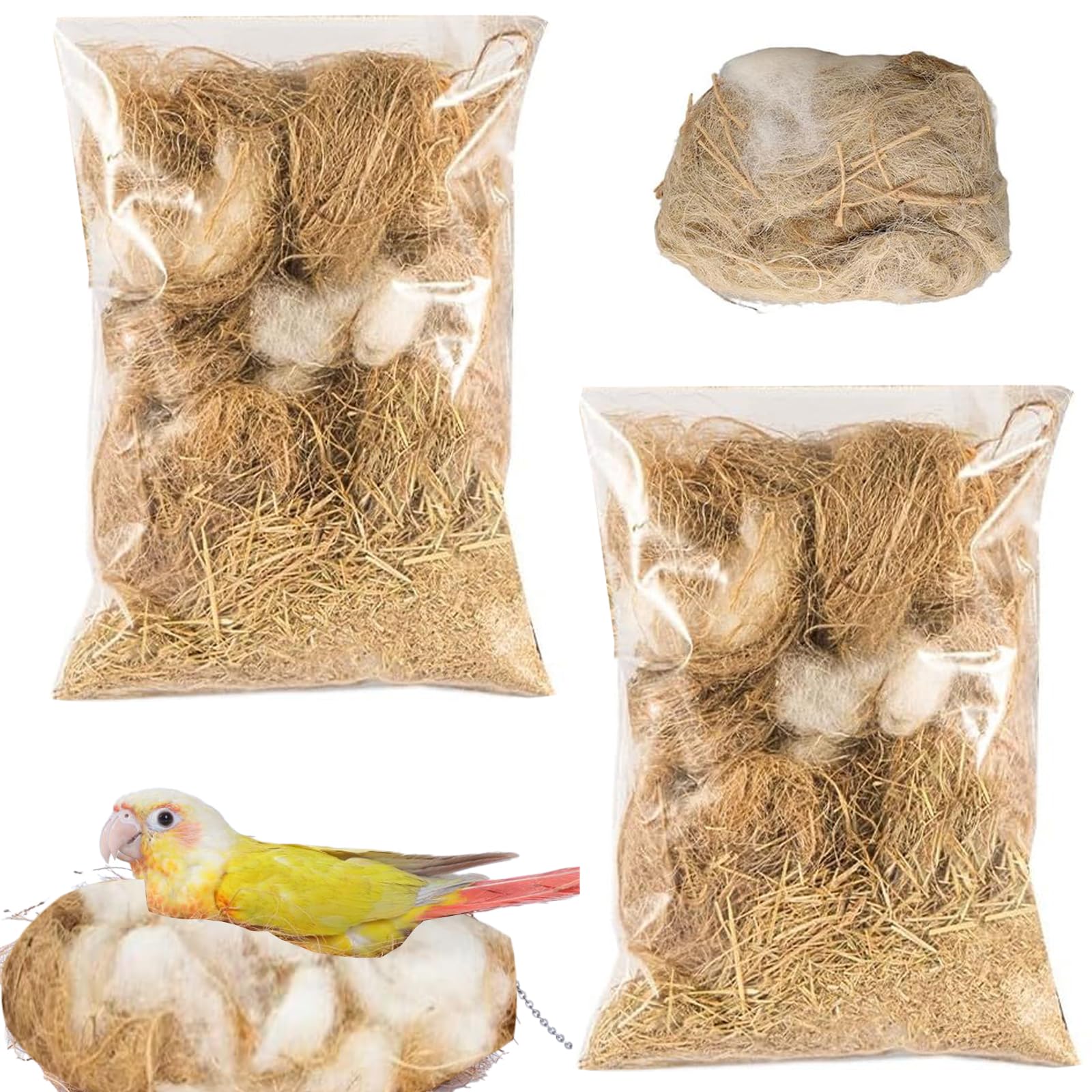 2PCS Nid Perruche,Nid Canaris,Literie Confortable pour Petits Oiseaux Et Animaux,Mélange de Matériaux de Nidification pour Oiseaux en Jute,Soie,Paille,Coton,Convient pour Perroquets,Pinsons