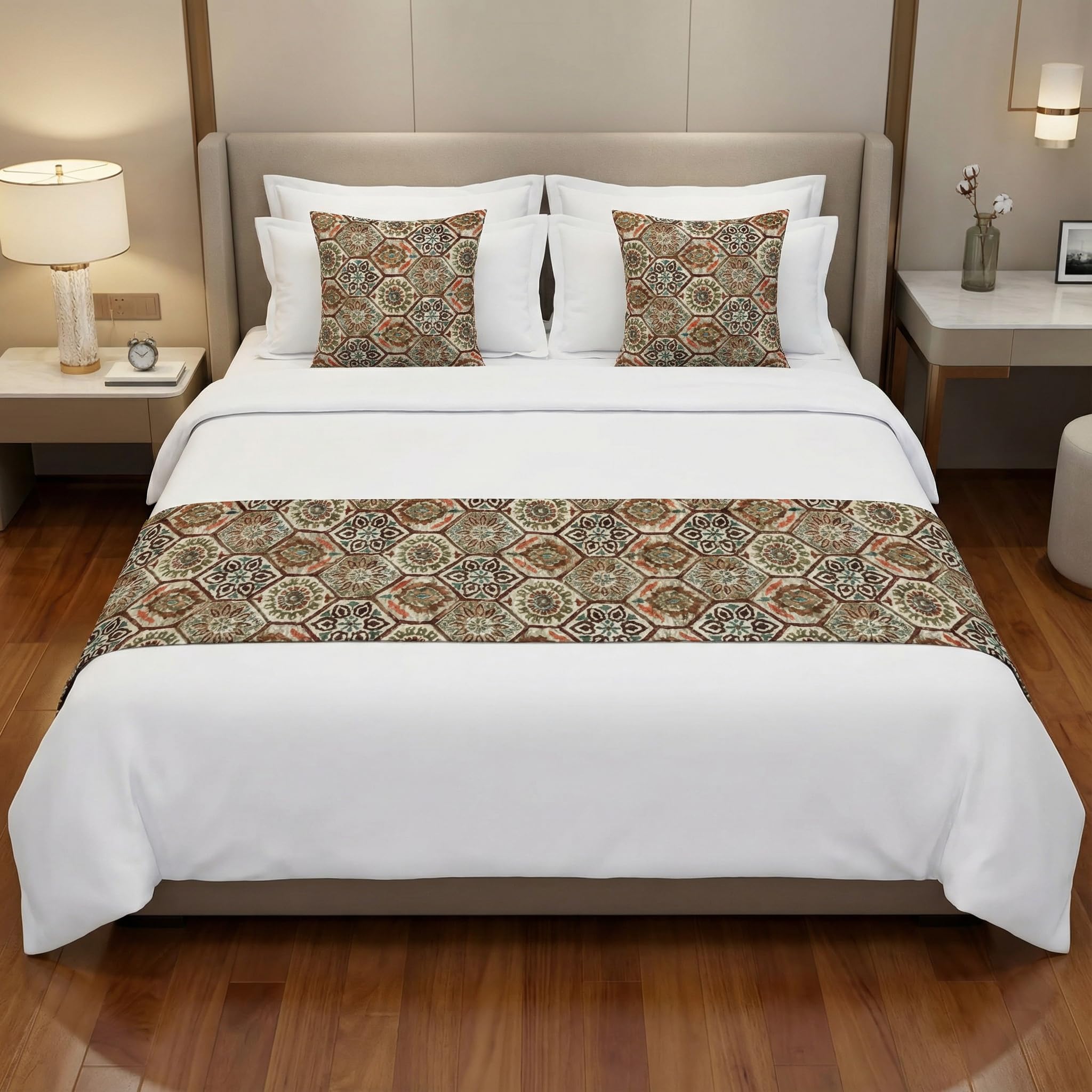Kingly 3 Piece Velvet Quilted Bed Runner Set with 2 Cushion Covers, Runner for Double Bed/King Size, 16 x 96 Inch + 16 x 16 Inch Cushions - Hexagon Mosaic, Terracotta Teal Beige-image-29