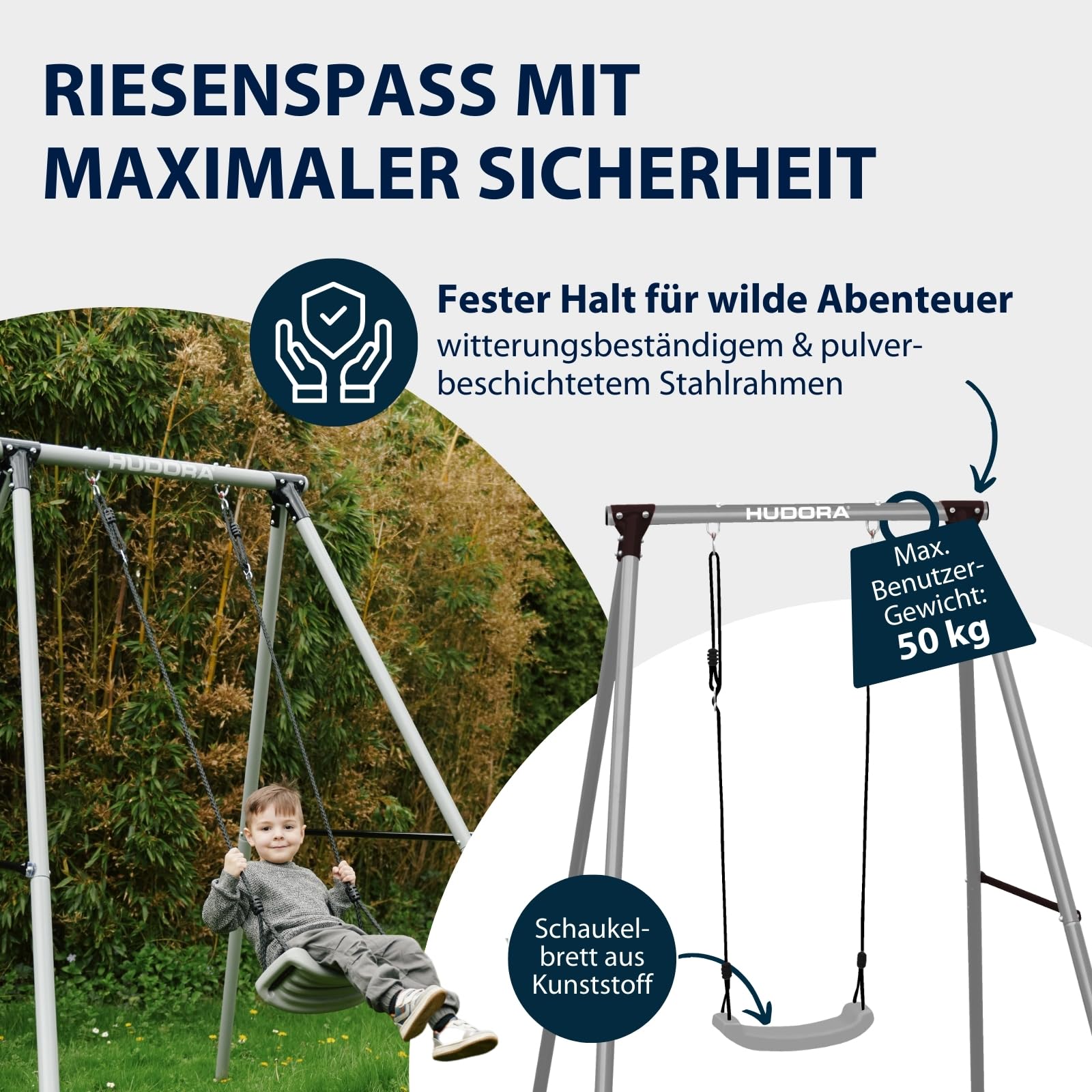 HUDORA Start Schaukelgestell inkl. Schaukelbrett - Wetterfeste Outdoor-Schaukel aus hochwertigem Stahl - Sichere Kinderschaukel für den Garten - Schaukel-Gestell für Kinder mit verstellbaren Seilen
