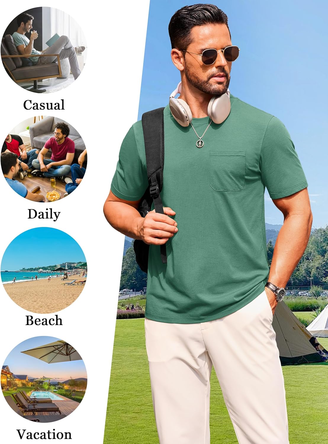 Cotrasen Men's T-Shirts Cotton Short Sleeve T Shirts for Men UPF 50+ Moisture Wicking T-Shirt Casual Crew Neck Pocket Tee - Image 5