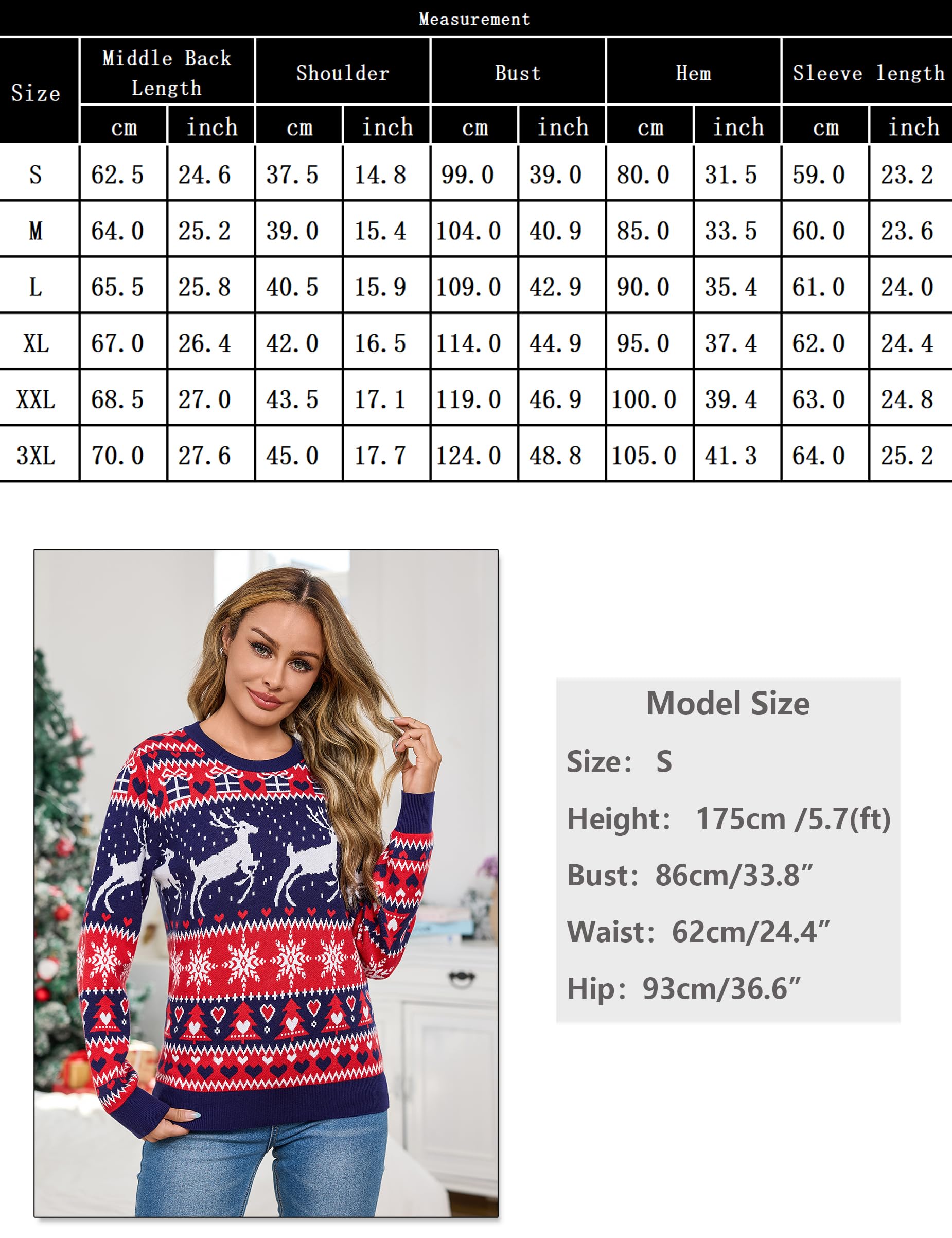 Aseniza Damski zimowy sweter świąteczny sweter bożonarodzeniowy sweter świąteczny brzydki świąteczny sweter z długim rękawem i okrągłym dekoltem