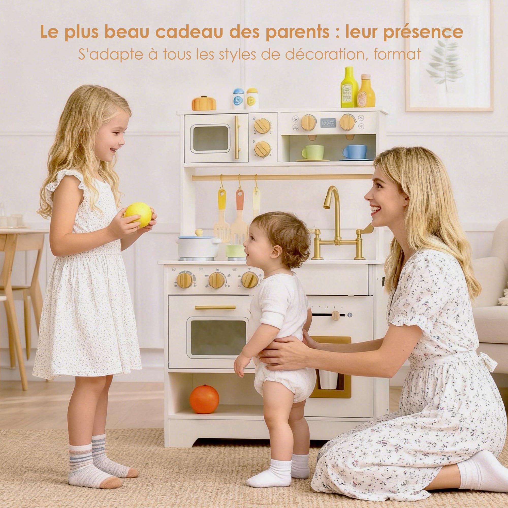 Cuisine Enfant en Bois avec Distributeur Glaçons, Ustensiles et Rangements | Accessoires Inclus évier, plaques de Cuisson, Micro-Ondes, Cuisine Blanche idéale pour Les Tout-Petits dès 3 Ans