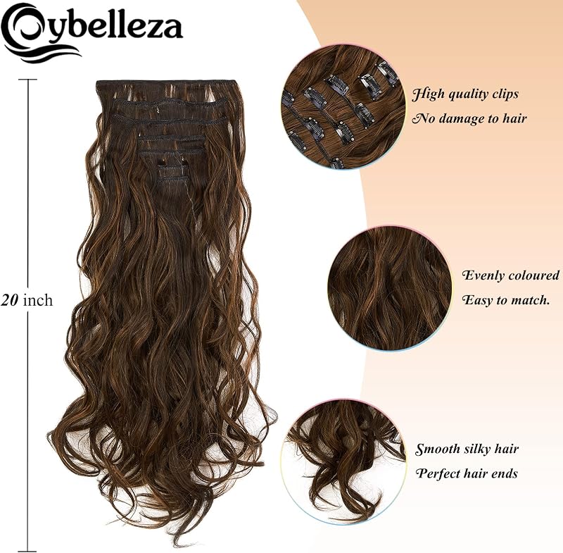 Cybelleza Csatos Hajhosszabbítás - 7 Részes Hullámos Póthaj Szett 16 Csattal, 50 cm, Közepes Barna és Világos Vörösesbarna, Természetes Hatá