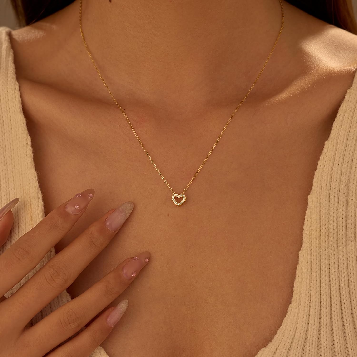 XAYAH 925 Sterling Silver CZ Heart Charm Necklace for Women 14K Gold Plated Cute Dainty Love Pendant Necklaces for Mom Daughter Trendy Elegant Hollw Heart Choker Chain Mothers Day Brides Jewelry Gifts