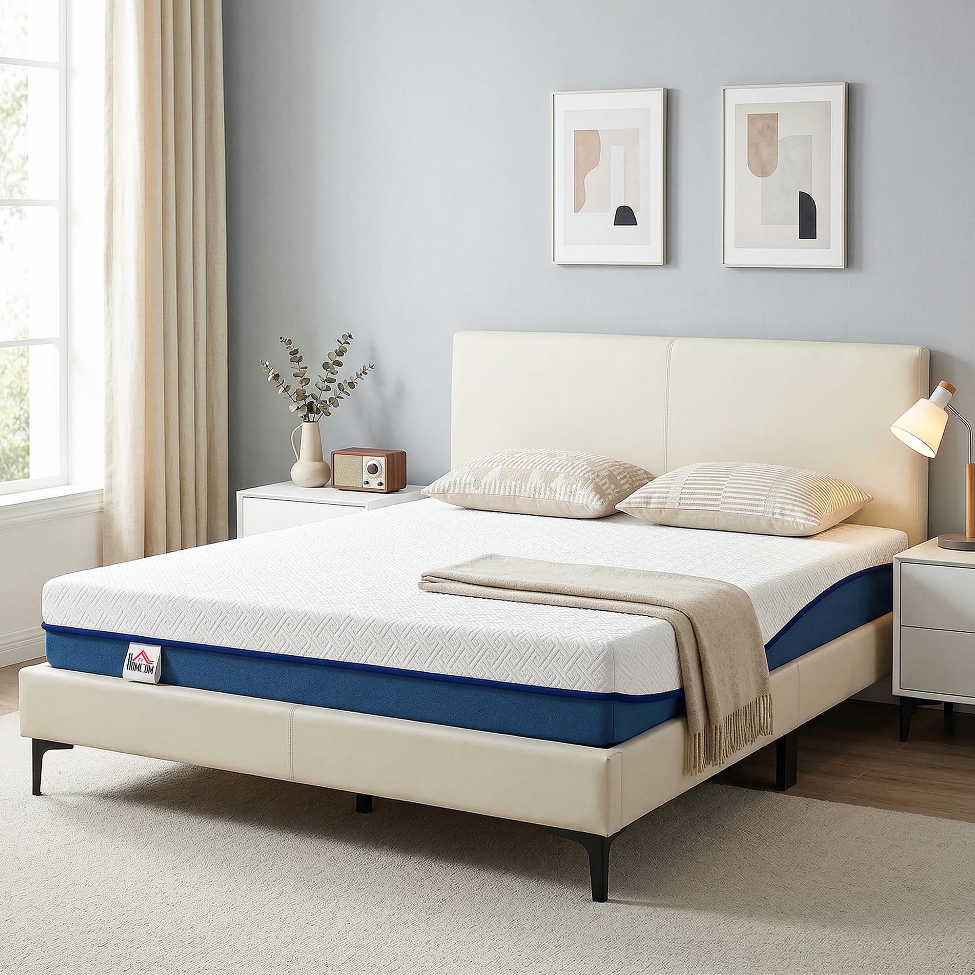 HOMCOM Colchón 190x135 cm, Grosor 20 cm, Viscoelástico, Firmeza Media | Té Verde, Cama Refrescante, Espuma de Gel, Funda Lavable, Certificado Oeko-Tex, Enrollable en Caja