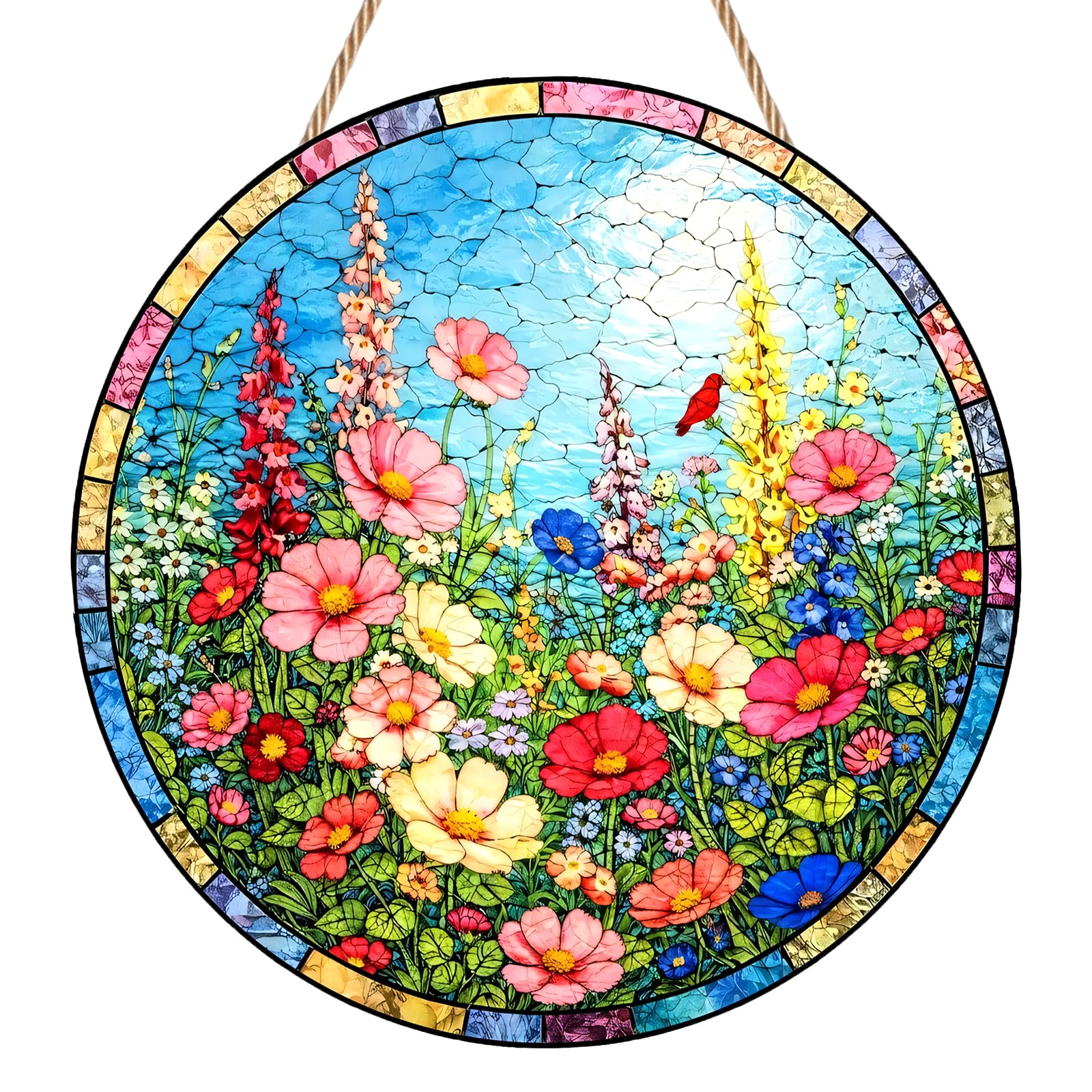 Flower Sun Catchers for Windows, Floral Stained Glass Style Suncatcher, Vibrant Flowers Sun Catcher, Flat Window Hanging Ornament, Plant Print Home Decor for Garden, Bedroom and Balcony