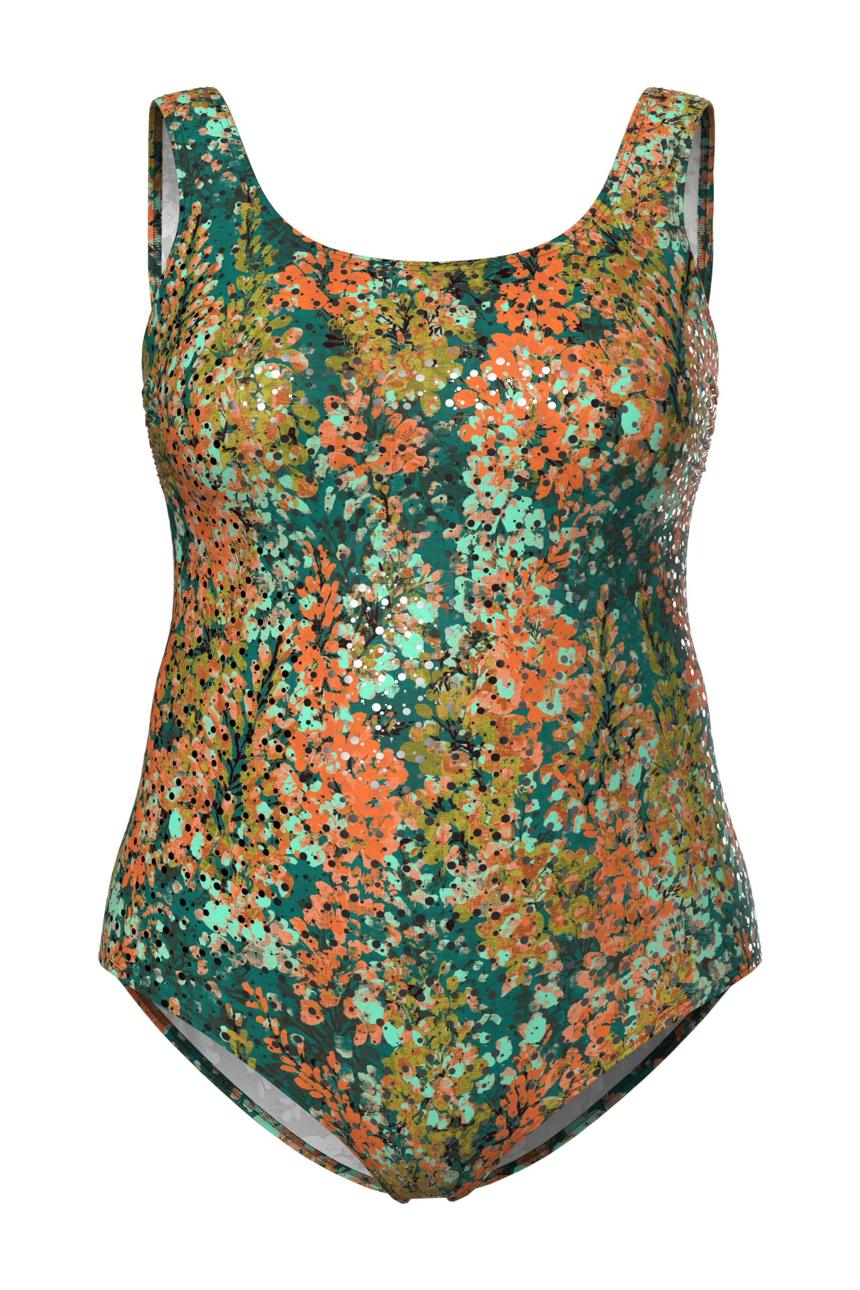 Ulla Popken Damen große Größen Übergrößen Plus Size Badeanzug, Blütenpunkte, ohne Softcups, Runshalsausschnitt 846595