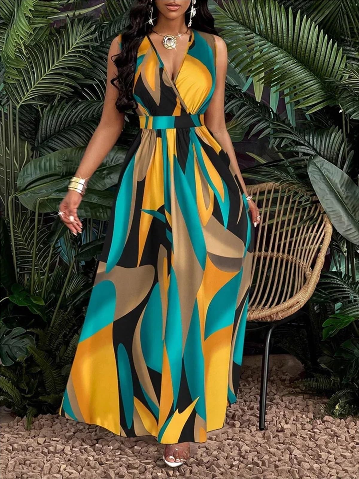 Vestido De Playa Mujer Sin Mangas hasta El Suelo con Estampados Abstractos Moda for Ocasiones Informales