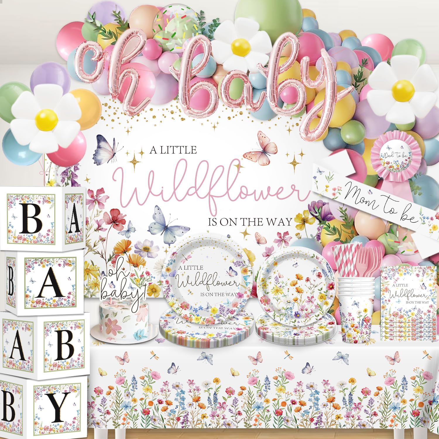 Wildflower Baby Shower Decorations for Girl, All-in-One Set A Wildflower is on the Way Baby Shower Decor, Wildflower Balloon arch Cake Topper