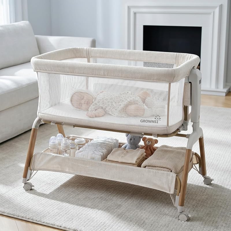 GROWNSY Moisés para bebé 5 en 1, cama junto a la cama con modo de balanceo suave, Beige | 6 alturas ajustables, malla totalmente transpirable, convertible en cuna portátil, moisés con colchón y ruedas, color beige