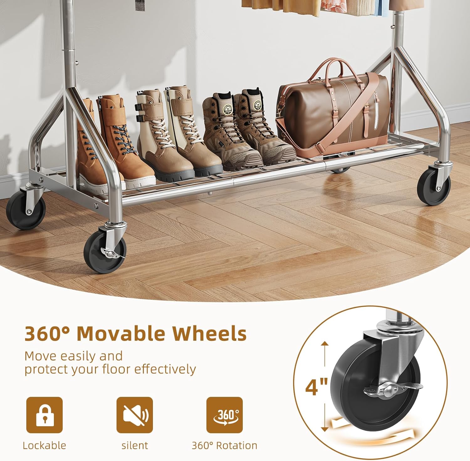 Simple Trending Heavy Duty Clothes Rack, Rolling Clothing Rack for Hanging Clothes, Metal Garment Rack with Shelves Load 450 LBS, for the Bedroom Laundry Room