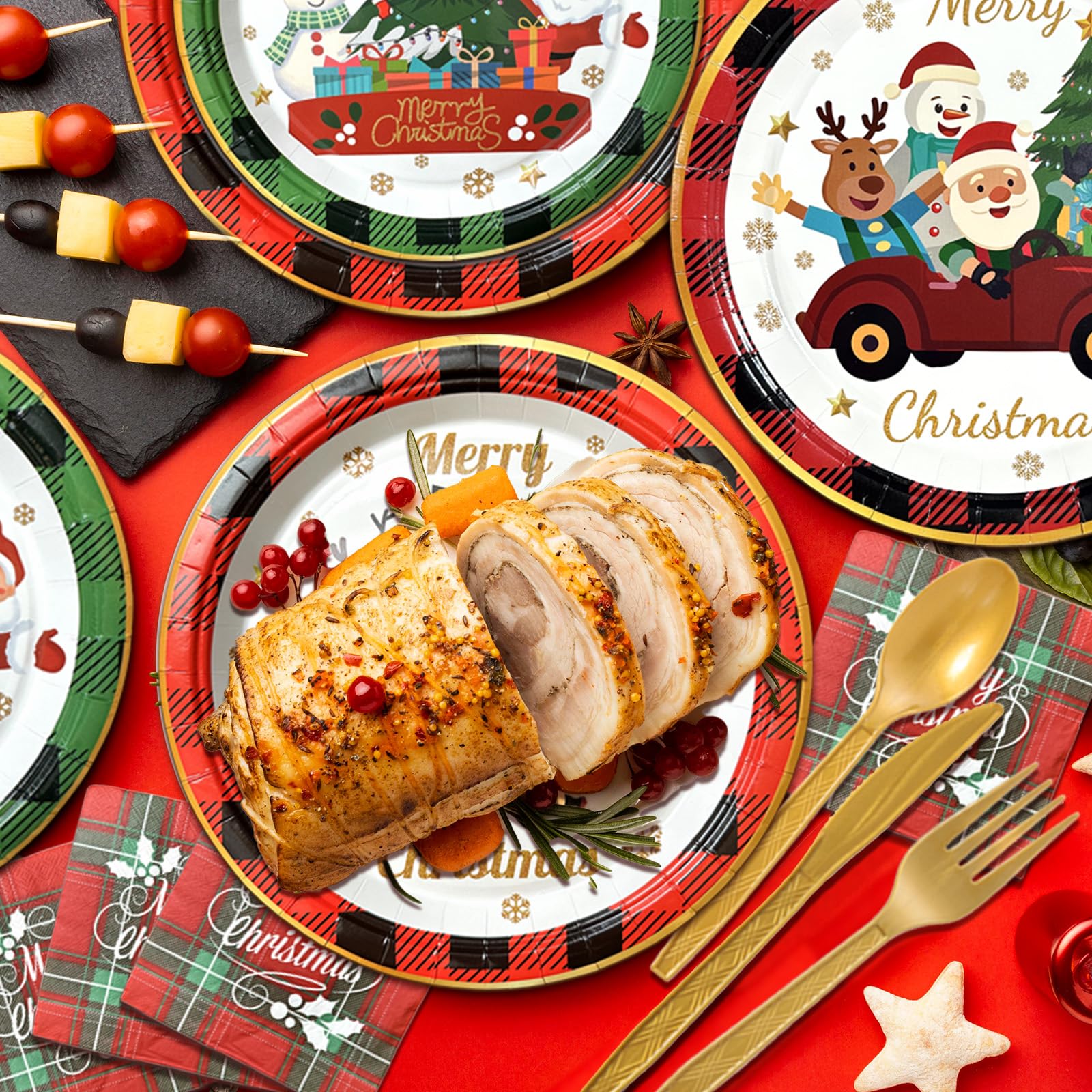 Photo 1 of Guudmua 700 PCS Christmas Paper Plates and Napkins Sets, Christmas Tableware Set Includes Disposable Dessert Plates Cups Gold Knives Forks Spoons Disposable Dinnerware Set (100 Guest)