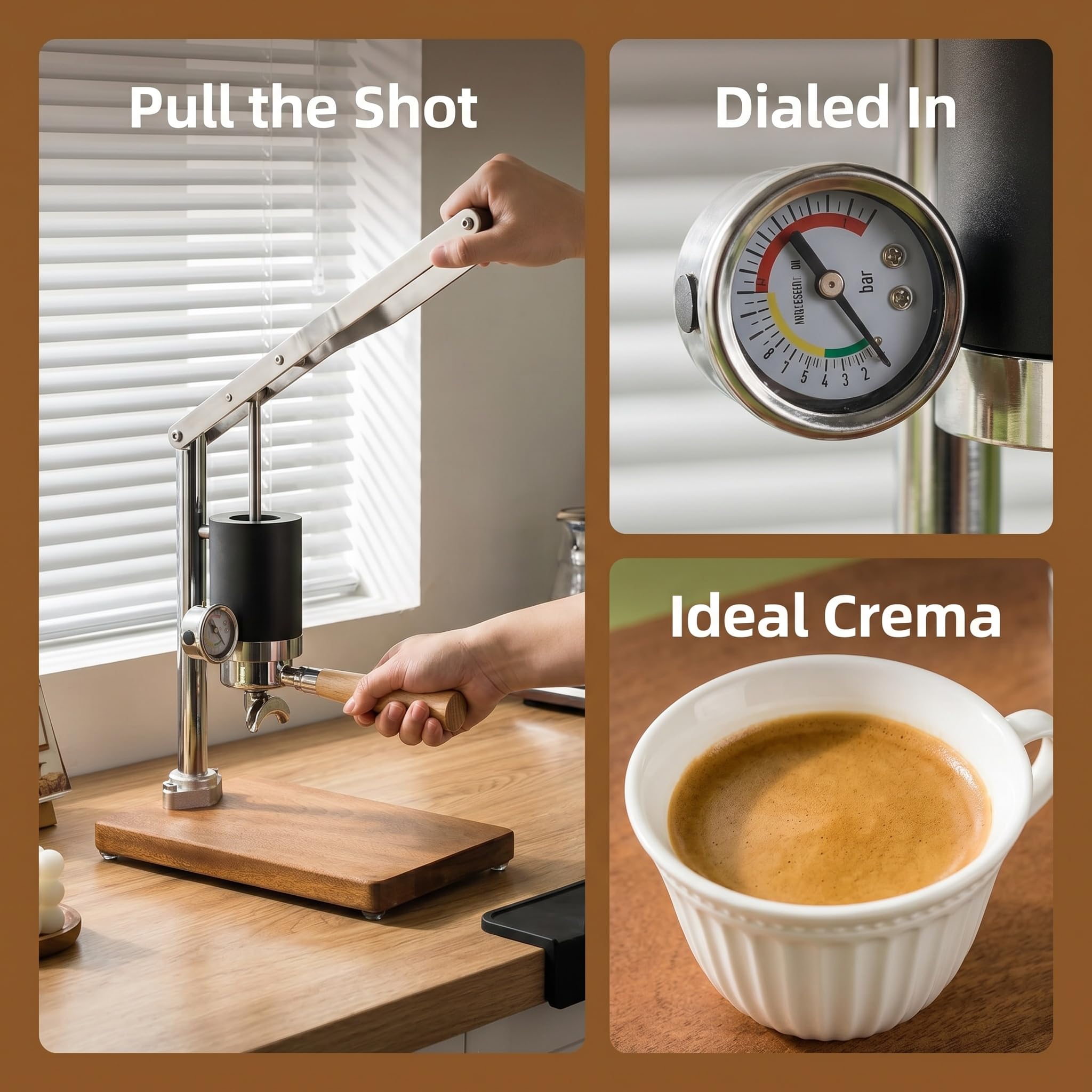 Macchina per caffè espresso manuale con manometro, manico da 51 mm, base in legno, non richiede elettricità, perfetta per baristi domestici