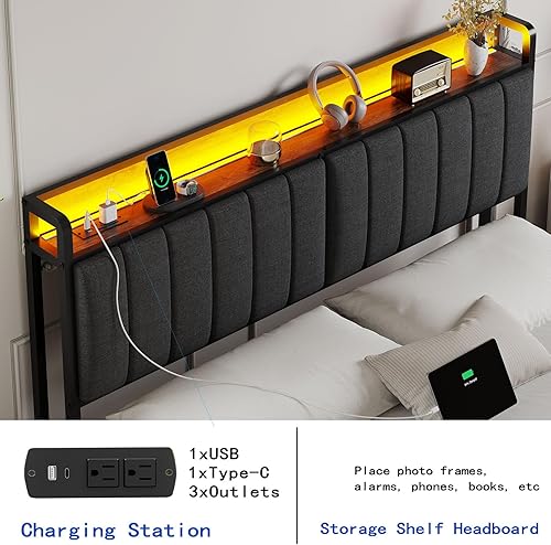 Miniatura 4 de SAVOLIFE Cabecera tapizada LED tamaño Queen con estación de carga, solo cabecera de almacenamiento Queen, altura ajustable del bastidor, tapicería