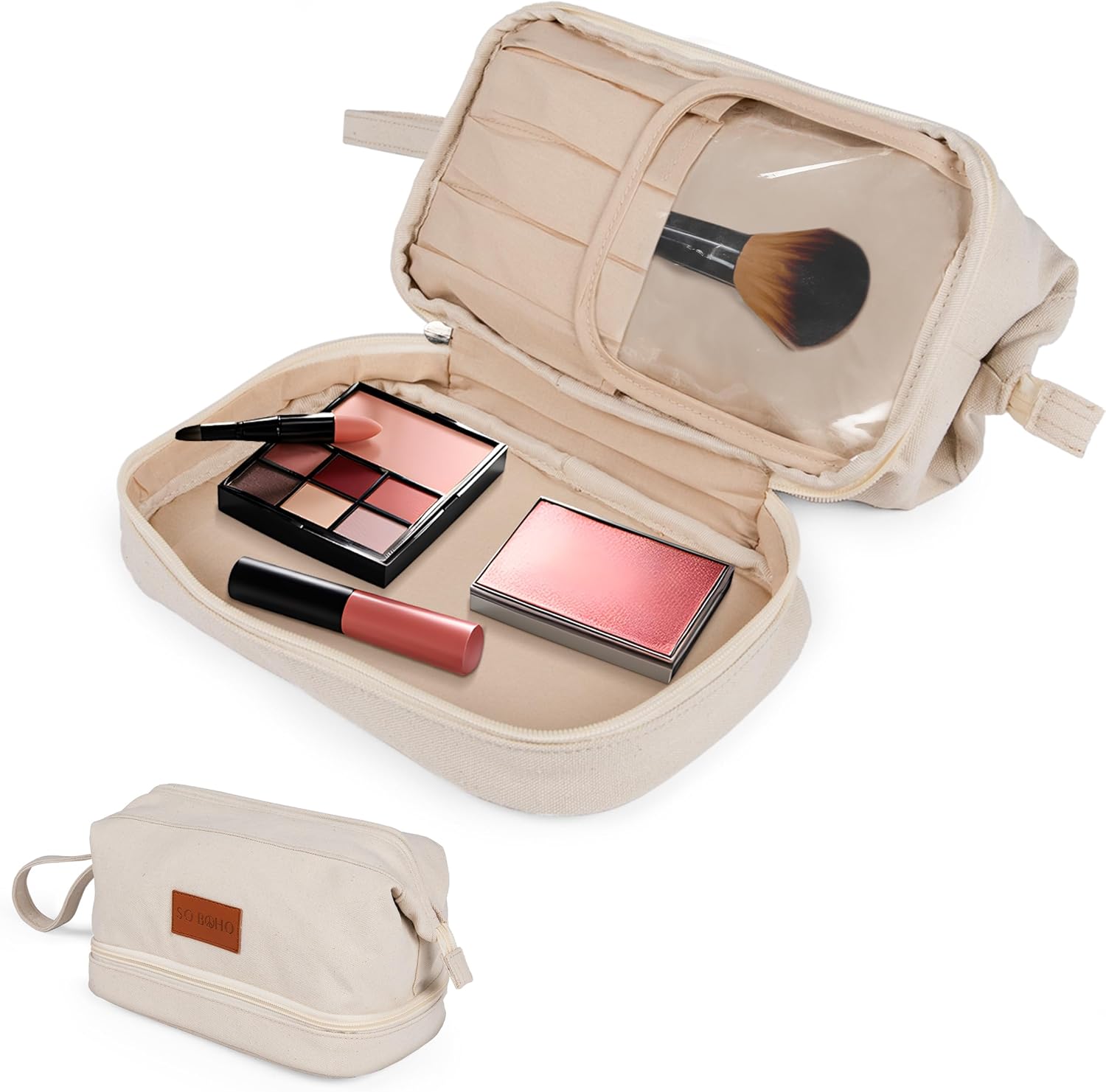 Double Layer Cosmetic Bag: Makeup Bag, Double Layer Travel Makeup Bag, Portable Toiletry Bag, Roomy Cosmetic Bag for Women and Girls, Natural Material