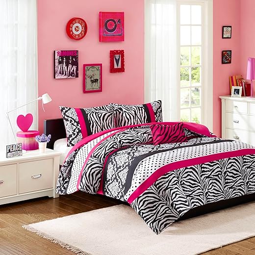 Intelligent Design Comforter Set Fun Bedroom Décor - Modern All Season Polka Dot Print, Vibrant Color Cozy Bedding Layer, Matching Sham, Decorative Pillow, Full/Queen, Zebra Pink 4 Piece