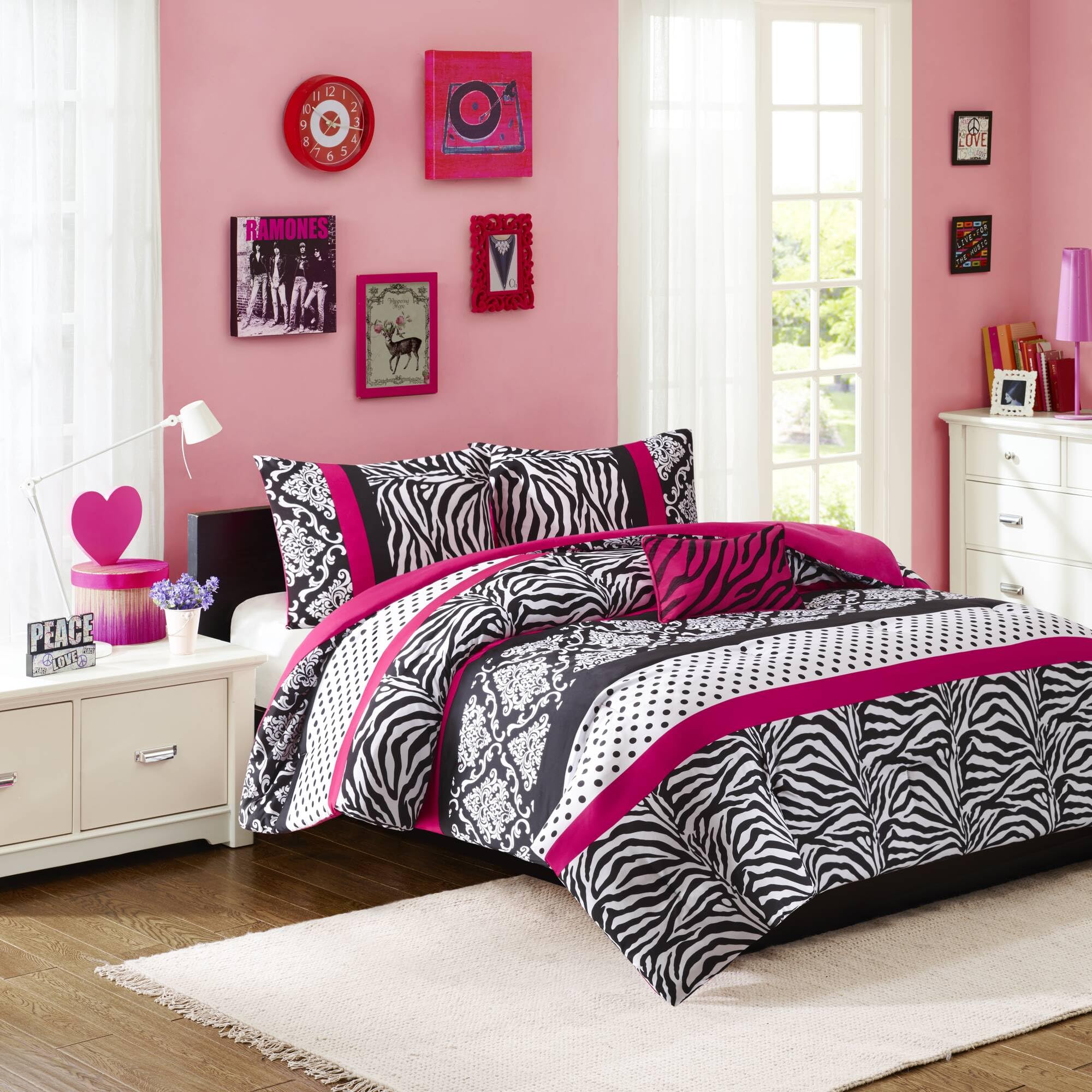 Comforter Set Fun Bedroom Décor - Modern All Season Polka Dot Print, Vibrant Color Cozy Bedding Layer, Matching Sham, Decorative Pillow, Full/Queen, Zebra Pink 4 Piece